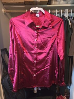 Mojo Fuchsia Satin Button-Down Blouse
